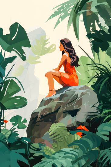 Auf einem malerischen Felsen mitten im Regenwald thront eine Frau, gehüllt in ein lebendiges rotes K 2023