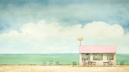 Bunte Aquarelle mit einem Cafe Haus am Strand. Sommer und Meer. Digital 2023
