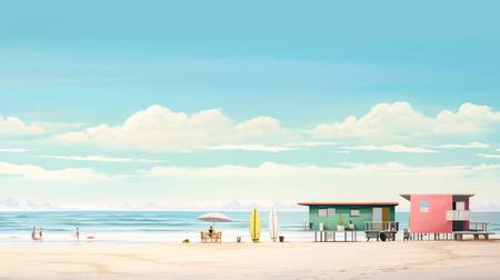 Bunte Aquarelle mit einem Surfer Cafe am Strand. Minimalistisch 2023