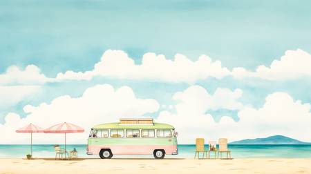 Bunte Aquarelle mit einem VW Bus am Strand. Wolken, Meer und Berge. Digital AI 2023