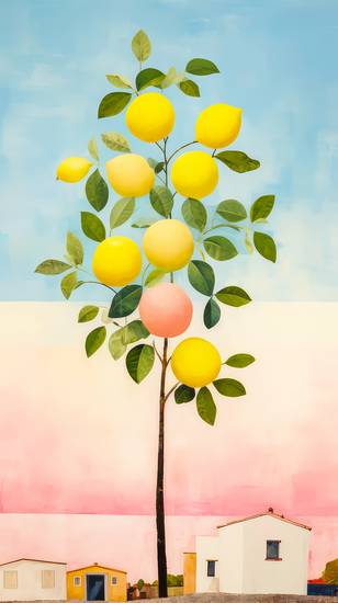 Bunte Aquarelle mit einem Zitronenbaum und Häusern. Zitronen Farm Minimalistisch 2023