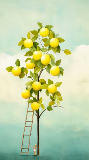 Bunte Aquarelle mit einem Zitronenbaum und Leiter. Zitronen Ernte Minimalistisch 2023