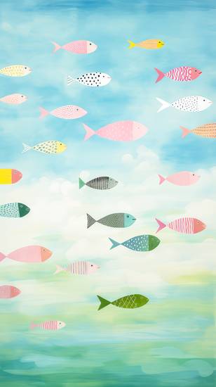 Bunte Aquarelle mit Fischen im Ocean. Minimalistisch, Digital 2023