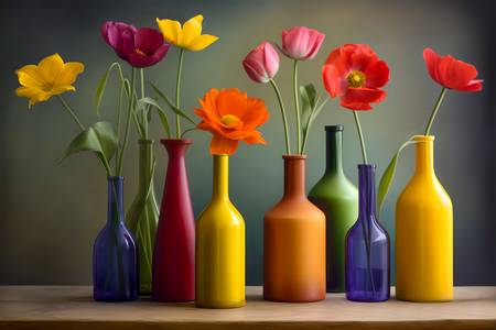 Bunte Blumen in bunten Flaschen, Gemälde, AI, modern, Stillleben, digital 2023