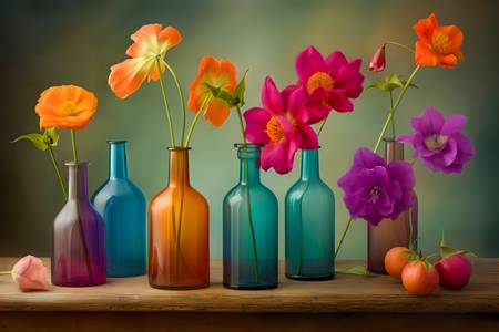Bunte Blumen in bunten Flaschen, Gemälde, AI, modern, Stillleben, digital III 2023