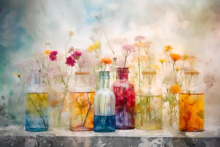 Bunte Blumen in bunten Flaschen, Gemälde, verwaschen, modern, Stillleben, digital 2023