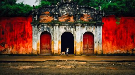 Ein Junge mit einem Hund vor einem Tempel in Vietnam. Farben und Architektur Asiens 2023