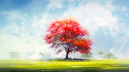 Ein lebhaft roter Baum erhebt sich über einer saftig grünen Wiese,  2024