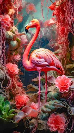 Ein rosafarbener Flamingo inmitten eines üppigen Regenwaldes. 2023