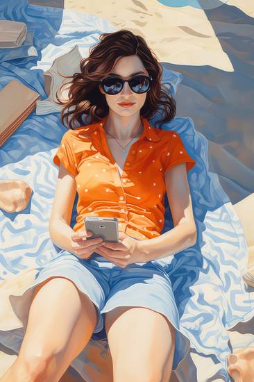 Eine Frau liegt am Sonnigen Tag am Strand und liest Nachrichten am Handy 2023