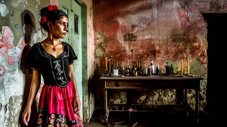 Eine mexikanische Frau in traditioneller Kleidung steht neben einem alten Tisch mit Kerzen und Flasc 2024