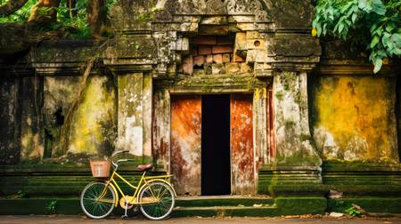 Gelbes Fahrrad vor einem Tempel auf Bali. Architektur und Farben in Asien. 2023