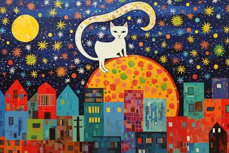 Katze auf dem Mond über den Dächern der Stadt. Dach. Katze in der Nacht. Katze in der Stadt. Sternen 2023