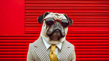 Mops mit Anzug, Krawatte und Sonnenbrille auf rotem Hintergrund. Haustiere, Hund, Portrait, Hundepor 2023
