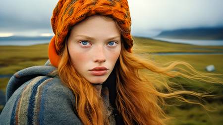 Portrait einer wunderschönen Frau in Island. Rothaarige Frau und die Landschaft 2023