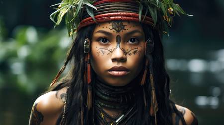 Portrait wunderschöne Indio Frau am Amazonas Fluss in Brasilien, Menschen 2023