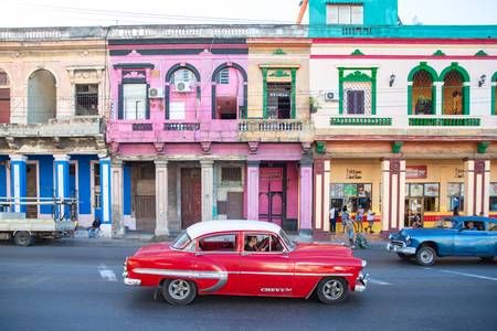 Red Oldtimer in Old Havana, Cuba. Street in Havanna, Kuba, 2020