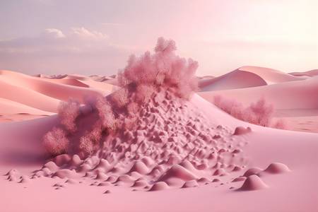Rosa Düne, futuristische Landschaft mit rosa Sand, Fantasielandschaft, Rosa Landschaft mit Berg und  2023