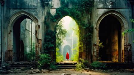 Rotkäppchen - Frau in roter Kleidung hinter alten Arkaden. Alter Tempel.  2023