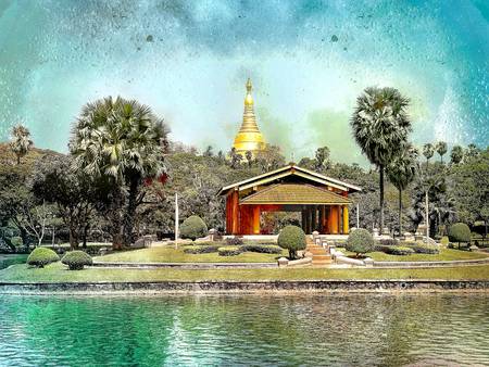 See am Shwedagon Tempel in Yangon, Myanmar, Burma, Fotokunst, Retro, Vintage 2020
