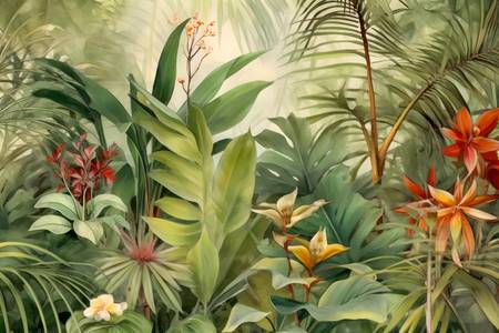 Tropische Blumen im Regenwald. Boho Style. Landschaft mit Blumen 2023