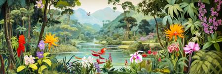 Tropische Blumen und Pflanzen umgeben einen ruhig fließenden Fluss, während majestätische Berge am H 2023