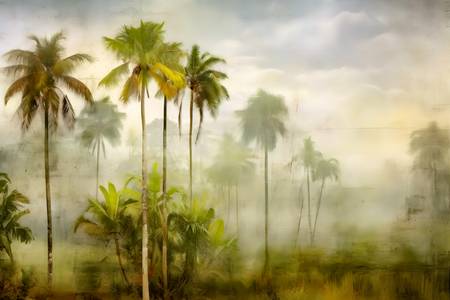 Tropische Landschaft, Palmen im Nebel. Traumhafte Natur. Used Look. Regenwald am morgen.  2023