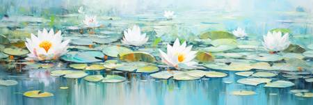 Zarte weiße Wasserlilien schmücken den malerischen See, ihre reinen Blütenblätter spiegeln sich sanf 2023