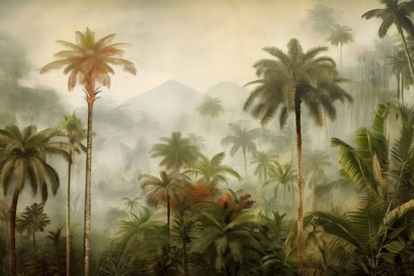 Tropische Landschaft mit Palmen und Bergen. Nebel im Regenwald. Grüne Landschaft am morgen. Natur von Miro May