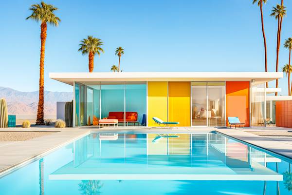 Villa mit Swimmingpool und Palmen. Kalifornia von Miro May