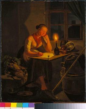 Junge Magd beim Briefschreiben bei Kerzenschein 1838