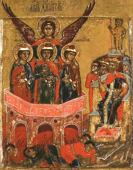 Russian icon depicting Shadrach, Meshach and Abednego in the Fiery Furnace von Moscow school