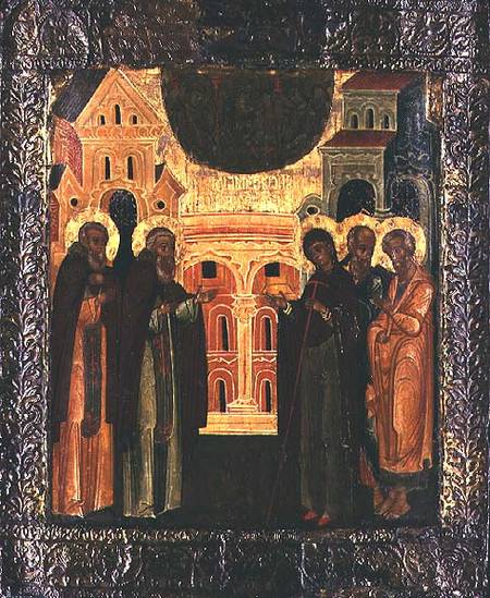 Russian icon of the Miraculous Appearance of the Virgin and the Apostles Peter and Paul to Sergius o von Moscow school