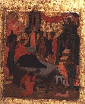Russian icon of the Birth of the Virgin early 16th