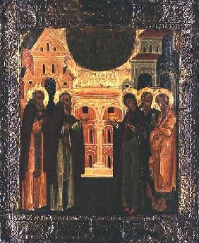 Russian icon of the Miraculous Appearance of the Virgin and the Apostles Peter and Paul to Sergius o 16th centu