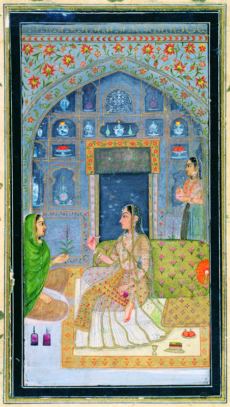 Lady seated in a Pavilion with attendants, from the Small Clive Album von Mughal School