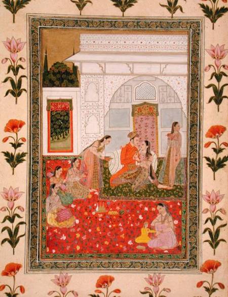Couple with female attendants and musicians, from the Small Clive Album von Mughal School