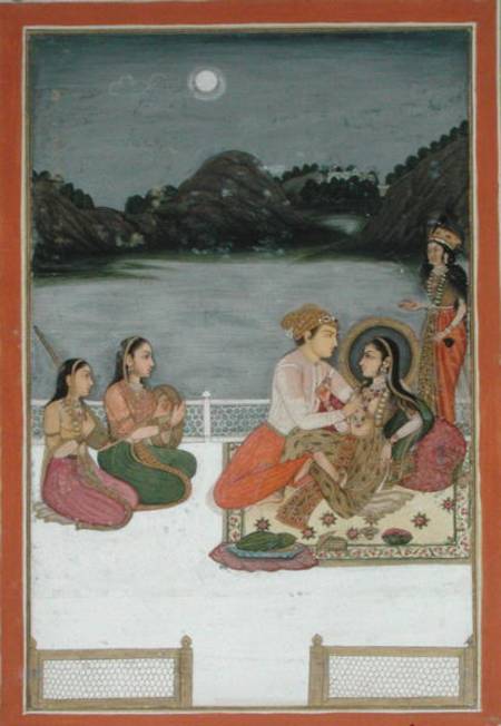 Lovers on a terrace by a moonlit lake, from the Small Clive Album von Mughal School