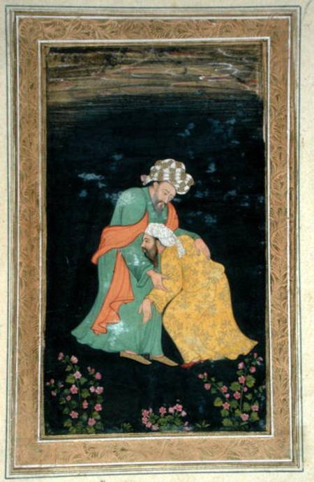 A Mullah bowing down to a man in Iranian dress who lifts him up from his supplication, from the Smal von Mughal School