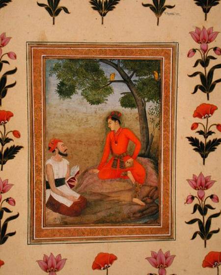 A prince in discussion with a religious man holding a book, from the Small Clive Album von Mughal School
