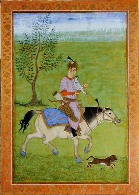 A prince hawking on horseback, from the Large Clive Album  on von Mughal School