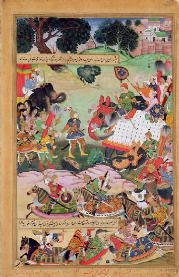 Akbar receiving the drums and standards captured from Abdullah Uzbeg, Governor of Malwa, in 1564 1590-98