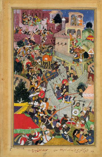 Emperor Akbar (r.1556-1605) shoots Saimal at the Siege of Chitov in 1567, from the 'Akbarnama' made 1590-98