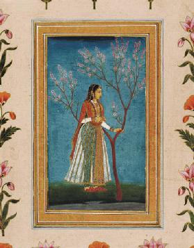 Lady standing by a tree in blossom, from the Small Clive Album 18Jh