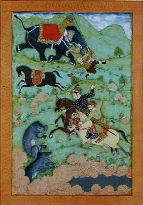 Rajput princes hunting bears; a mahout and his elephant rescue a fallen horseman from a tiger, from