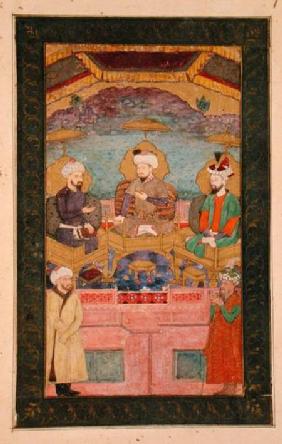 Timur (1336-1405), Babur (1483-1530, r.1526-30) and Humayan (1508-56, r.1530-56) enthroned together,