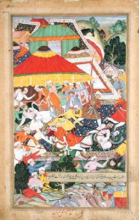 The Wounding of Kilan Khan by a Rajiput during his march to Gujerat in 1573, from the 'Akbarnama' ma 1590-98