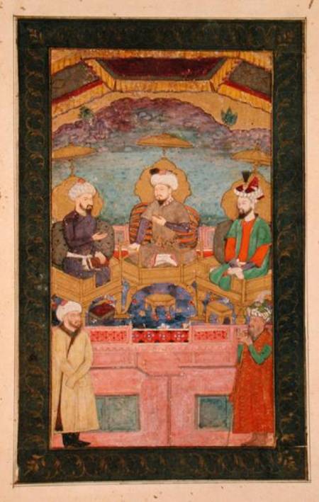 Timur (1336-1405), Babur (1483-1530, r.1526-30) and Humayan (1508-56, r.1530-56) enthroned together, von Mughal School