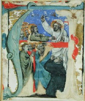 Historiated initial 'A' depicting The Incredulity of St. Thomas, c.1370 (vellum)