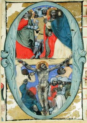 Historiated initial 'O' depicting the Kiss of Judas and the Crucifixion, c.1370 (vellum) 19th